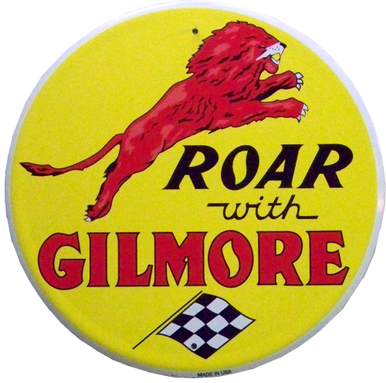 GILMORE GAS SIGN  ROAR WITH GILMORE HAS A LEAPING LION, BRIGHT COLORS NICE GRAPHICS