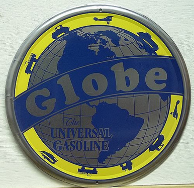 GLOBE GAS SIGN HAS A GLOBE WITH VEHICLE AROUND IT THE WORD GLOBE ACROSS THE SIGN