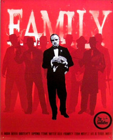 GODFATHER SIGN SHOWS THE GODFATHER HOLDING HIS CAT AND HIS FAMILY AS BACKGROUND