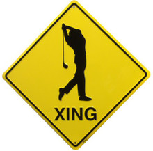 GOLFER  XING SIGN, YELLOW AND BLACK DIAMOND SHAPE SIGN