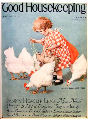 GOOD HOUSEKEEPING ENAMEL MAGAZINE COVER SIGN FROM MAY OF 1925? LITTLE GIRL FEEDING THE CHICKENS, GREAT COLOR AND DETAIL