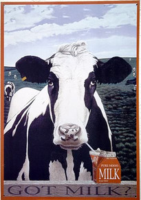 GOT Moo COW SIGN SHOWS COW SIPPING MILK FROM A BOX SITTING ON THE FENCE.  PASTEL COLORS GOOD DETAILL