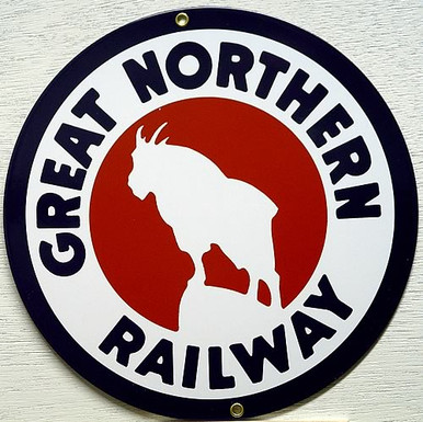 GREAT NORTHER RR TRAIN PORCELAIN SIGN THIS SIGN IS ROUND WITH A MOUNTAIN GOAT STANDING ON A STEEP ROCK IN THE CENTER WITH "GREAT NORTHERN RAILWAY"  BOLD CRISP COLORS, NICE DETAIL