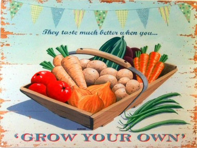 GROW YOUR OWN ENAMEL VEGETABLES SIGN NICE PASTEL COLORS AND GRAPHICS