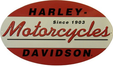 HARLEY 1903 OVAL DIE & CUT EMBOSSED MOTORCYCLE SIGN, SHARP ATTENTION TO DETAIL, GREAT COLOR