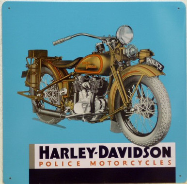 HARLEY 1ST POLICE MOTOR CYCLE MOTORCYCLE SIGN, THIS BIKE WAS INTRODUCED AS THE SAFETY BIKE INCLUDED A FIRE EXTINGUSHER ON SOME MODELS