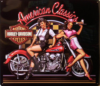 HARLEY AMERICAN CLASSICS DIE CUT EMBOSSED MOTORCYCLE SIGN, GIRL ON A BIKE AND HER FRIEND THE WAITRESS, GREAT COLOR SUPER DETAILS