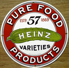 For Henry J. Heinz, it all started with horseradish.  At the age of 12 he dug it from his family's garden, bottled and solid it on the streets of Pittsburgh.  When he started the Heinz Company in Sharpsburg, PA in 1869, horseradish, bottled in clear glass was it first product. Later came sauerkraut, mustard, pickles, ketchup and other condiments.  He created the "57 Varieties" slogan in 1896. this vibrant heinze sign was taken directly from a pickle barrel label.