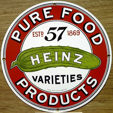 For Henry J. Heinz, it all started with horseradish.  At the age of 12 he dug it from his family's garden, bottled and solid it on the streets of Pittsburgh.  When he started the Heinz Company in Sharpsburg, PA in 1869, horseradish, bottled in clear glass was it first product. Later came sauerkraut, mustard, pickles, ketchup and other condiments.  He created the "57 Varieties" slogan in 1896. this vibrant heinze sign was taken directly from a pickle barrel label.