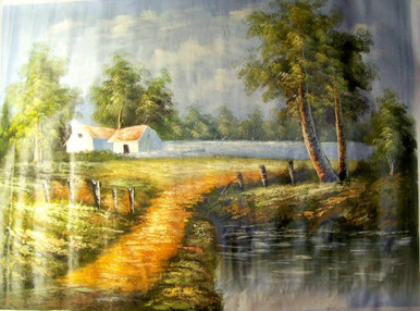 HOUSE BY STREAM TAN ROOF large OIL PAINTING