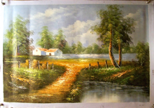 HOUSE BY STREAM WITH TAN ROOF medium large OIL PAINTING