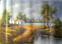 HOUSE BY STREAM W/TAN ROOF medium large OIL PAINTING