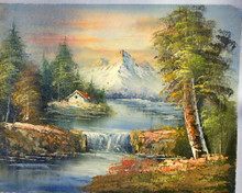 HOUSE IN MOUNTAINS BY WATERFALL smallest OIL PAINTING
