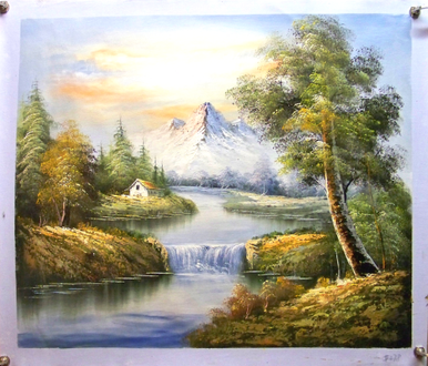 HOUSE NEAR WATERFALL IN MOUNTAINS medium OIL PAINTING