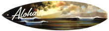 Photo of ALOHA "SURFBOARD" SHAPED SIGN WITH BEAUTIFUL SUNSET OVER THE WAVES, ENAMEL FINISH HAS DEEP RICH COLORS