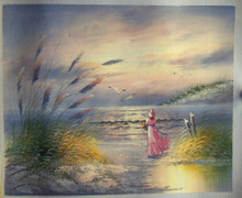 LADY IN PINK AT BEACH smallest OIL PAINTING