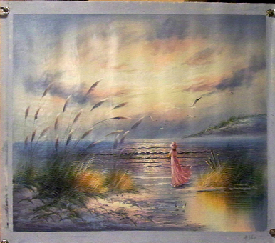 LADY IN PINK ON BEACH medium large OIL PAINTING