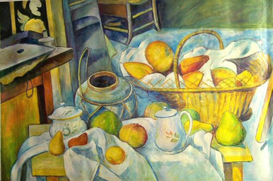 MELLON, FRUIT BASKET, PITCHER AND GRAPES OIL PAINTING