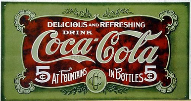 Photo of COKE ANTIQUE 5 CENT COCA-COLA SIGN WITH GRAPHICS AND COLOR FROM THE EARLY 1900'S