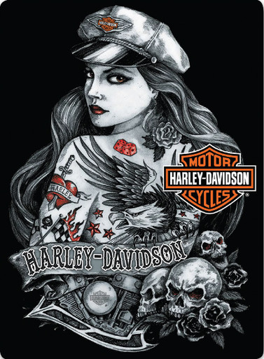 HARLEY TATTOO BABE EMBOSSED VINTAGE TIN SIGN  MEASURES 12  1/2"  X  17"  WITH HOLES FOR EASY MOUNTING