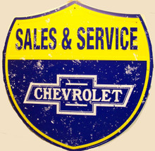 LARGE CHEVROLET SALES & SERVICE SHIELD  MEASURES 22  3/4" w  X  23" h  WITH HOLE(S) FOR EASY MOUNTING