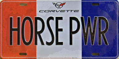 EMBOSSED METAL CORVETTE LICENSE PLATE  "HORSE PWR"  WITH SLOTS FOR EASY MOUNTING  MEASURES 12" X 6"  LIMITED QUANTITIES