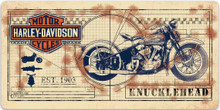 HARLEY EMBOSSED METAL SIGN MEASURES 20" X 10"  WITH HOLES IN EACH CORNER FOR EASY MOUNTING.
