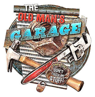 THE OLD MAN'S GARAGE DIE CUT VINTAGE METAL SIGN MEASURES 15 3/4"  X  16 3/8"  WITH HOLES FOR EASY MOUNTING  PRE-ORDER