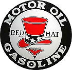 LARGE "RED HAT" METAL MOTOR OIL & GASOLINE SIGN APOX. 23 1/" DIAMETER WITH HOLES FOR EASY MOUNTING (CAUTION SHARP EDGES NOT A TOY FOR CHILDREN)