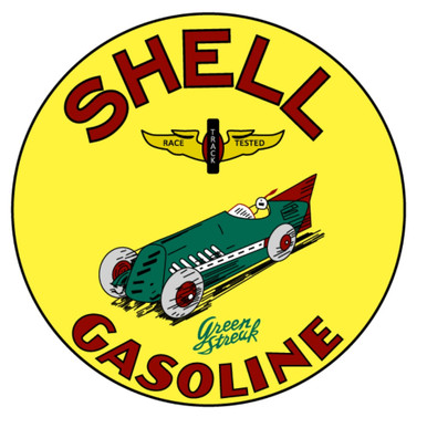 SHELL GREEN STREAK RACING GASOLINE SIGN IS ON HEAVY METAL USING THE SUBLIMATION PROCESS, MEASURES 14" DIA.  WITH HOLES FOR EASY MOUNTING.  THIS IS A SPECIAL ORDER SIGN THAT TAKES
2-3 WEEKS TO SHIP.