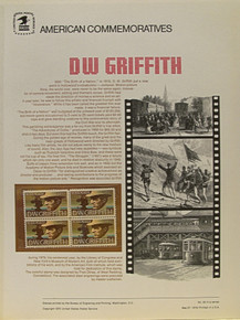 PANEL # 50, U.S. COMMERATIVE PANEL D.W. GRIFFITH, ISSUED 5/27/1975 SCOTT # 1555 PRINTED
ON HEAVY PAPER MEASURING 8  1/2"  X  11  1/4" WITH 4 D.W. GRIFFITH,  10 CENT STAMPS
PANELS ISSUED BY U.S. BUREAU OF ENGRAVING REPRESENT MANY HISTORICAL EVENTS IN OUR COUNTRY
PLUS CULTURAL, WILDLIFE, FLORAL, MUSICAL, MOVIES AND COUNTLESS OTHER SUBJECTS, GREAT FOR
 COLLECTORS AND ENTHUSIAST OF A WIDE VARIETY OF INTEREST.  GREAT TO FRAME FOR GIFTS!
UP TO A DOZEN CAN BE SHIPPED USING PRIORITY MAIL FLAT RATE ENVELOPE, FOR THE PRICE OF ONE
(REFUND GIVEN (IF APPLICABLE) AFTER PANELS ARE SHIPPED TAKES 3-4 DAYS FOR REFUND TO REACH YOUR CARD)
OR YOU CAN SEND ONE OR MORE, FIRST CLASS (NOT INSURED) FOR LESS, YOUR CHOICE.