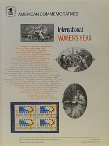 PANEL # 55, U.S. COMMERATIVE PANEL INTERNATIONAL WOMEN'S YEAR, ISSUED 8/26/1975 SCOTT # 1571 PRINTED
ON HEAVY PAPER MEASURING 8  1/2"  X  11  1/4" WITH 4 INTERNATIONAL WOMEN'S YEAR, 10 CENT STAMPS
PANELS ISSUED BY U.S. BUREAU OF ENGRAVING REPRESENT MANY HISTORICAL EVENTS IN OUR COUNTRY
PLUS CULTURAL, WILDLIFE, FLORAL, MUSICAL, MOVIES AND COUNTLESS OTHER SUBJECTS, GREAT FOR
 COLLECTORS AND ENTHUSIAST OF A WIDE VARIETY OF INTEREST.  GREAT TO FRAME FOR GIFTS!
UP TO A DOZEN CAN BE SHIPPED USING PRIORITY MAIL FLAT RATE ENVELOPE, FOR THE PRICE OF ONE
(REFUND GIVEN (IF APPLICABLE) AFTER PANELS ARE SHIPPED TAKES 3-4 DAYS FOR REFUND TO REACH YOUR CARD)
OR YOU CAN SEND ONE OR MORE, FIRST CLASS (NOT INSURED) FOR LESS, YOUR CHOICE.