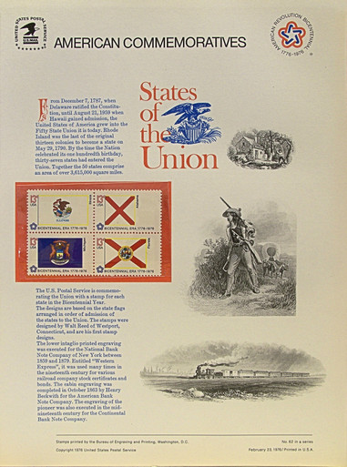 PANEL # 62a, U.S. COMMERATIVE PANEL STATE FLAGS, ILLINOIS, ALABAMA, MICHIGAN, FLORIDA STAMPS ISSUED 2/23/1976 
SCOTT #'S 1653, 1654, 1658, 1659 STAMPS. 
PANEL PRINTED ON HEAVY PAPER MEASURING 8  1/2"  X  11  1/4" WITH 4 STATE FLAG, 13 CENT STAMPS
PANELS ISSUED BY U.S. BUREAU OF ENGRAVING REPRESENT MANY HISTORICAL EVENTS IN OUR COUNTRY
PLUS CULTURAL, WILDLIFE, FLORAL, MUSICAL, MOVIES AND COUNTLESS OTHER SUBJECTS, GREAT FOR
 COLLECTORS AND ENTHUSIAST OF A WIDE VARIETY OF INTEREST.  GREAT TO FRAME FOR GIFTS!
UP TO A DOZEN CAN BE SHIPPED USING PRIORITY MAIL FLAT RATE ENVELOPE, FOR THE PRICE OF ONE
(REFUND GIVEN (IF APPLICABLE) AFTER PANELS ARE SHIPPED TAKES 3-4 DAYS FOR REFUND TO REACH YOUR CARD)
OR YOU CAN SEND ONE OR MORE, FIRST CLASS (NOT INSURED) FOR LESS, YOUR CHOICE.