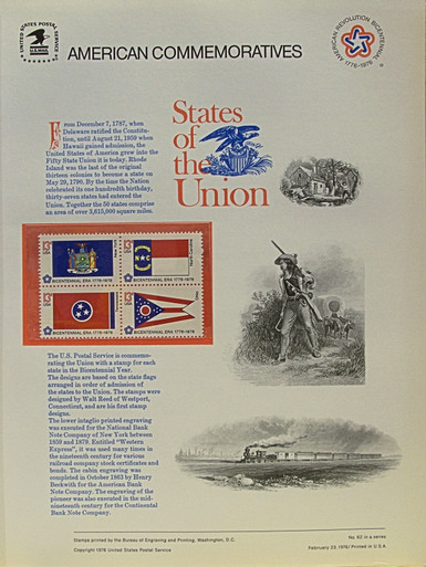 PANEL # 62B U.S. COMMERATIVE PANEL STATE FLAGS,  NEW YORK, NORTH CAROLINA, TENNESSEE, OHIO  STAMPS ISSUED 2/23/1976 
SCOTT #'S 1643, 1644, 1648, 1649 STAMPS. 
PANEL PRINTED ON HEAVY PAPER MEASURING 8  1/2"  X  11  1/4" WITH 4 STATE FLAG, 13 CENT STAMPS
PANELS ISSUED BY U.S. BUREAU OF ENGRAVING REPRESENT MANY HISTORICAL EVENTS IN OUR COUNTRY
PLUS CULTURAL, WILDLIFE, FLORAL, MUSICAL, MOVIES AND COUNTLESS OTHER SUBJECTS, GREAT FOR
 COLLECTORS AND ENTHUSIAST OF A WIDE VARIETY OF INTEREST.  GREAT TO FRAME FOR GIFTS!
UP TO A DOZEN CAN BE SHIPPED USING PRIORITY MAIL FLAT RATE ENVELOPE, FOR THE PRICE OF ONE
(REFUND GIVEN (IF APPLICABLE) AFTER PANELS ARE SHIPPED TAKES 3-4 DAYS FOR REFUND TO REACH YOUR CARD)
OR YOU CAN SEND ONE OR MORE, FIRST CLASS (NOT INSURED) FOR LESS, YOUR CHOICE.