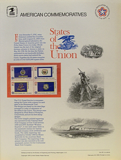 PANEL # 62D U.S. COMMERATIVE PANEL STATE FLAGS,   KANSAS, WEST VIRGINIA, NORTH DAKOTA, SOUTH DAKOTA  STAMPS ISSUED 2/23/1976 
SCOTT #'S 1666, 1667, 1671, 1672 STAMPS. 
PANEL PRINTED ON HEAVY PAPER MEASURING 8  1/2"  X  11  1/4" WITH 4 STATE FLAG, 13 CENT STAMPS
PANELS ISSUED BY U.S. BUREAU OF ENGRAVING REPRESENT MANY HISTORICAL EVENTS IN OUR COUNTRY
PLUS CULTURAL, WILDLIFE, FLORAL, MUSICAL, MOVIES AND COUNTLESS OTHER SUBJECTS, GREAT FOR
 COLLECTORS AND ENTHUSIAST OF A WIDE VARIETY OF INTEREST.  GREAT TO FRAME FOR GIFTS!
UP TO A DOZEN CAN BE SHIPPED USING PRIORITY MAIL FLAT RATE ENVELOPE, FOR THE PRICE OF ONE
(REFUND GIVEN (IF APPLICABLE) AFTER PANELS ARE SHIPPED TAKES 3-4 DAYS FOR REFUND TO REACH YOUR CARD)
OR YOU CAN SEND ONE OR MORE, FIRST CLASS (NOT INSURED) FOR LESS, YOUR CHOICE.