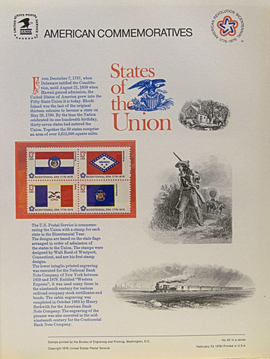 PANEL # 62F U.S. COMMERATIVE PANEL STATE FLAGS,  MISSOURI, ARKANSAS, IOWA, WISCONSIN STAMPS ISSUED 2/23/1976 
SCOTT #'S 1656, 1657, 1661, 1662 STAMPS. 
PANEL PRINTED ON HEAVY PAPER MEASURING 8  1/2"  X  11  1/4" WITH 4 STATE FLAG, 13 CENT STAMPS
PANELS ISSUED BY U.S. BUREAU OF ENGRAVING REPRESENT MANY HISTORICAL EVENTS IN OUR COUNTRY
PLUS CULTURAL, WILDLIFE, FLORAL, MUSICAL, MOVIES AND COUNTLESS OTHER SUBJECTS, GREAT FOR
 COLLECTORS AND ENTHUSIAST OF A WIDE VARIETY OF INTEREST.  GREAT TO FRAME FOR GIFTS!
UP TO A DOZEN CAN BE SHIPPED USING PRIORITY MAIL FLAT RATE ENVELOPE, FOR THE PRICE OF ONE
(REFUND GIVEN (IF APPLICABLE) AFTER PANELS ARE SHIPPED TAKES 3-4 DAYS FOR REFUND TO REACH YOUR CARD)
OR YOU CAN SEND ONE OR MORE, FIRST CLASS (NOT INSURED) FOR LESS, YOUR CHOICE.