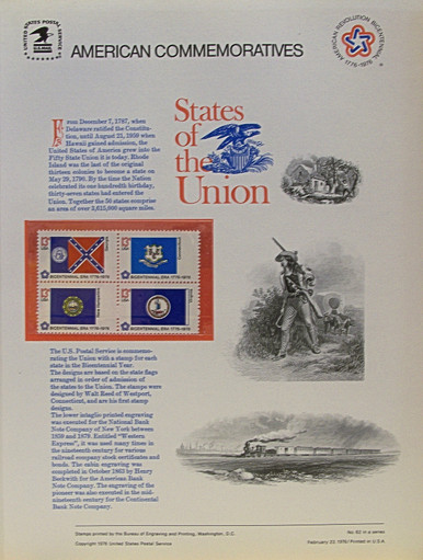 PANEL # 62G U.S. COMMERATIVE PANEL STATE FLAGS,  GEORGIA, CONNECTICUT, NEW HAMPSHIRE, VIRGINIA STAMPS ISSUED 2/23/1976 
SCOTT #'S 1636, 1637, 1641, 1642 STAMPS. 
PANEL PRINTED ON HEAVY PAPER MEASURING 8  1/2"  X  11  1/4" WITH 4 STATE FLAG, 13 CENT STAMPS
PANELS ISSUED BY U.S. BUREAU OF ENGRAVING REPRESENT MANY HISTORICAL EVENTS IN OUR COUNTRY
PLUS CULTURAL, WILDLIFE, FLORAL, MUSICAL, MOVIES AND COUNTLESS OTHER SUBJECTS, GREAT FOR
 COLLECTORS AND ENTHUSIAST OF A WIDE VARIETY OF INTEREST.  GREAT TO FRAME FOR GIFTS!
UP TO A DOZEN CAN BE SHIPPED USING PRIORITY MAIL FLAT RATE ENVELOPE, FOR THE PRICE OF ONE
(REFUND GIVEN (IF APPLICABLE) AFTER PANELS ARE SHIPPED TAKES 3-4 DAYS FOR REFUND TO REACH YOUR CARD)
OR YOU CAN SEND ONE OR MORE, FIRST CLASS (NOT INSURED) FOR LESS, YOUR CHOICE.
