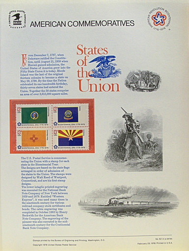 PANEL # 62J U.S. COMMERATIVE PANEL STATE FLAGS,  WASHINGTON, IDAHO, NEW MEXICO, ARIZONA STAMPS ISSUED 2/23/1976 
SCOTT #'S 1674, 1675, 1679, 1680 STAMPS. 
PANEL PRINTED ON HEAVY PAPER MEASURING 8  1/2"  X  11  1/4" WITH 4 STATE FLAG, 13 CENT STAMPS
PANELS ISSUED BY U.S. BUREAU OF ENGRAVING REPRESENT MANY HISTORICAL EVENTS IN OUR COUNTRY
PLUS CULTURAL, WILDLIFE, FLORAL, MUSICAL, MOVIES AND COUNTLESS OTHER SUBJECTS, GREAT FOR
 COLLECTORS AND ENTHUSIAST OF A WIDE VARIETY OF INTEREST.  GREAT TO FRAME FOR GIFTS!
UP TO A DOZEN CAN BE SHIPPED USING PRIORITY MAIL FLAT RATE ENVELOPE, FOR THE PRICE OF ONE
(REFUND GIVEN (IF APPLICABLE) AFTER PANELS ARE SHIPPED TAKES 3-4 DAYS FOR REFUND TO REACH YOUR CARD)
OR YOU CAN SEND ONE OR MORE, FIRST CLASS (NOT INSURED) FOR LESS, YOUR CHOICE.