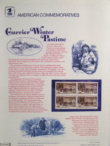 PANEL # 71 U.S. COMMERATIVE PANEL CHRISTMAS WINTER PASTIME ISSUED 9/18/1976 SCOTT #1700 STAMPS.
PANEL PRINTED ON HEAVY PAPER MEASURING 8 1/2" X 11 1/4" WITH 4 CHRISTMAS WINTER PASTIME, 13 CENT STAMPS
PANELS ISSUED BY U.S. BUREAU OF ENGRAVING REPRESENT MANY HISTORICAL EVENTS IN OUR COUNTRY
PLUS CULTURAL, WILDLIFE, FLORAL, MUSICAL, MOVIES AND COUNTLESS OTHER SUBJECTS, GREAT FOR
COLLECTORS AND ENTHUSIAST OF A WIDE VARIETY OF INTEREST. GREAT TO FRAME FOR GIFTS!
UP TO A DOZEN CAN BE SHIPPED USING PRIORITY MAIL FLAT RATE ENVELOPE, FOR THE PRICE OF ONE
(REFUND GIVEN (IF APPLICABLE) AFTER PANELS ARE SHIPPED TAKES 3-4 DAYS FOR REFUND TO REACH YOUR CARD)
OR YOU CAN SEND ONE OR MORE, FIRST CLASS (NOT INSURED) FOR LESS, YOUR CHOICE.