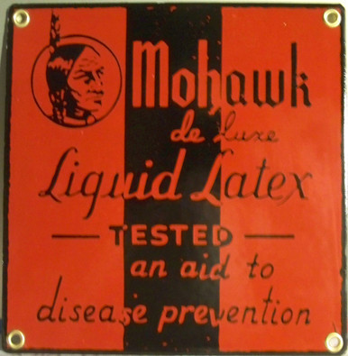MOHAWK LIQUID LATEX AID TO DISEASE PREVENTION VINTAGE PORCELAIN SIGN  MEASURES 7" X 7"  WITH HOLES IN EACH CORNER FOR EASY MOUNTING