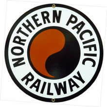 THIS HIGH QUALITY PORCELAIN RAILROAD SIGN MEASURES 8.84" IN DIAMETER WITH HOLE(S) FOR EASY MOUNTING
