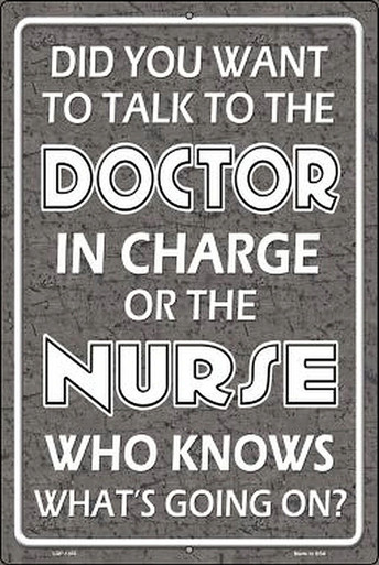 TALK TO DOCTOR IN CHARGE OR NURSE WHO KNOWS WHAT'S GOING ON?  12" X 16" METAL SIGN  12" X 18" METAL SIGN, WITH HOLES FOR EASY MOUNTING