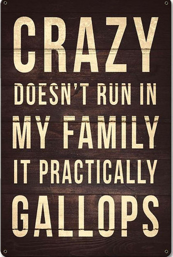CRAZY DOESN'T RUN IN MY FAMILY IT PRACTICALLY 12" X 18" (Sublimation Process) Finish on Heavy Metal Sign S/O*   S/O* SPECIAL ORDER SIGNS NORMALLY TAKES 2-3 WEEKS TO SHIP. HAS HOLES FOR EASY MOUNTING THE FIXED SHIPPING PRICE ONLY APPLIES TO THE 48 CONTIGUOS STATES, FOR ALL OTHER COUNTRIES PLUS ALASKA AND HAWAII, SHIPPING WILL BE MORE. PLEASE SEND EMAIL WITH YOUR COMPLETE ADDRESS TO GET AN ACCURATE SHIPPING QUOTE