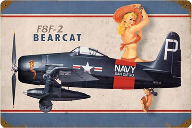 F8F BEARCAT WW II FIGHTER NOSE ART 18" X 12" (Sublimation Process) Heavy Metal Sign WITH RUSTED CORNERS FOR OLD TIME LOOK S/O*   S/O* SPECIAL ORDER SIGNS NORMALLY TAKES 2-3 WEEKS TO SHIP. HAS HOLES FOR EASY MOUNTING THE FIXED SHIPPING PRICE ONLY APPLIES TO THE 48 CONTIGUOS STATES, FOR ALL OTHER COUNTRIES PLUS ALASKA AND HAWAII, SHIPPING WILL BE MORE. PLEASE SEND EMAIL WITH YOUR COMPLETE ADDRESS TO GET AN ACCURATE SHIPPING QUOTE