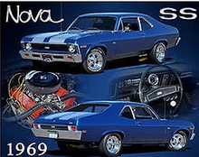 1969 NOVA SS BLUE VINTAGE 15" X 12" METAL SIGN WITH HOLES FOR EASY MOUNTING