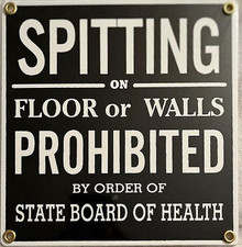 SPITTING ON FLOORS & WALLS 7.5" X 7.5" PORCELAIN SIGN  HAS HOLES WITH GROMETS IN EACH CORNER FOR EASY MOUNTING