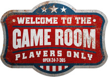 GAME ROOM EMBOSSED, DIE CUT ALUMINUM 7.5" X 10.5" SIGN with holes for easy mounting