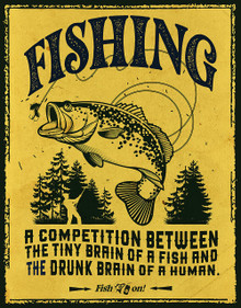 FISH ON 12.5" X 16" VINTAGE METAL FISHING SIGN WITH HOLES FOR EASY MOU