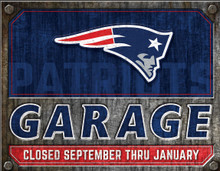 NEW ENGLAND PATRIOTS GARAGE 16" X 12.5" VINTAGE METAL SIGN WITH HOLES FOR EASY MOUNTING