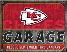 KANSAS CITY CHIEFS GARAGE 16" X 12.5" VINTAGE METAL SIGN WITH HOLES FOR EASY MOUNTING